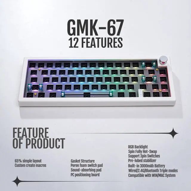 Alt view image 2 of 5 - SUEHIODHY GMK67 Gasket Mounted Mechanical Keyboard Kit,Hot-Swappable Bluetooth 5.0/2.4G/Type-C Tri-Mode 65% EVA Mat Customized RGB Keyboard Compatible with Windows/Mac(White)