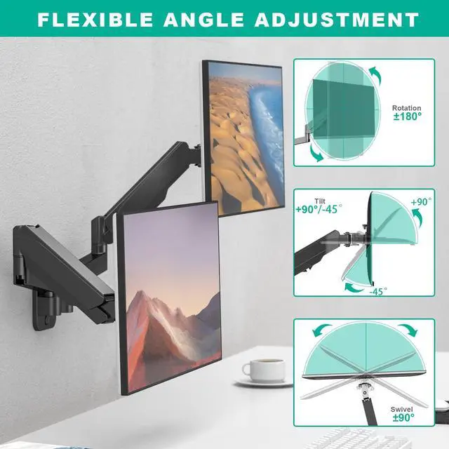 Alt view image 3 of 5 - UPGRAVITY Dual Monitor Wall Mount, Double Monitor Wall Stand for Two 17-32 inch Flat/Curved Computer Screens, Height Adjustable Gas Spring Monitor Wall Monitor, Hold Up to 17.6lbs, VESA 75/100