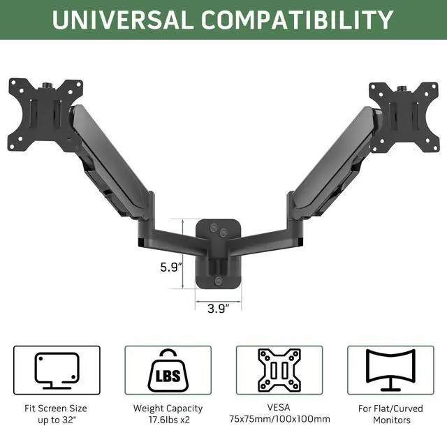 Alt view image 2 of 5 - UPGRAVITY Dual Monitor Wall Mount, Double Monitor Wall Stand for Two 17-32 inch Flat/Curved Computer Screens, Height Adjustable Gas Spring Monitor Wall Monitor, Hold Up to 17.6lbs, VESA 75/100