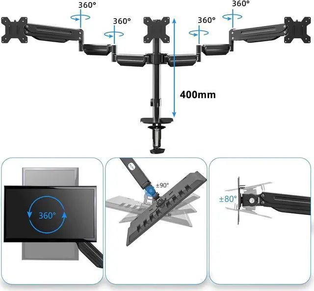 Alt view image 3 of 5 - suptek Triple Monitor Mount for Most 17 to 32 inch Screens,Gas Springs Adjustment Triple Monitor Desk Mount Stand with Clamp & Grommet Kit,Black(MD8003)