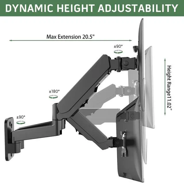Alt view image 5 of 5 - UPGRAVITY Dual Monitor Wall Mount, Double Monitor Wall Stand for Two 17-32 inch Flat/Curved Computer Screens, Height Adjustable Gas Spring Monitor Wall Monitor, Hold Up to 17.6lbs, VESA 75/100