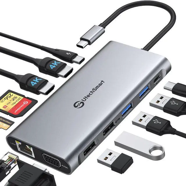 Main image of UtechSmart USB C Docking Station Triple Monitor - Universal Laptop Docking Station 12 in 1 for Thunderbolt 3/4, USB C Dock with USB 3.0 and 4K HDMI for MacBook Pro/Air/M1/M2 & Windows Gray