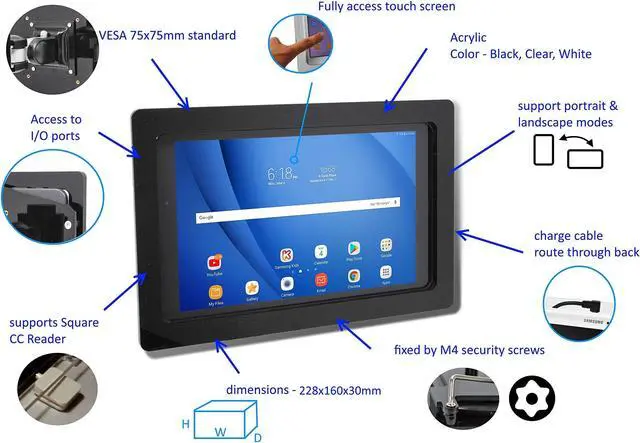 Alt view image 3 of 5 - TABcare Anti-Theft Acrylic VESA Enclosure for Galaxy TAB A9 8.7 with Free Wall Mount Kit & 90-Degree Angle USB C Cable (TAB A9, Black)
