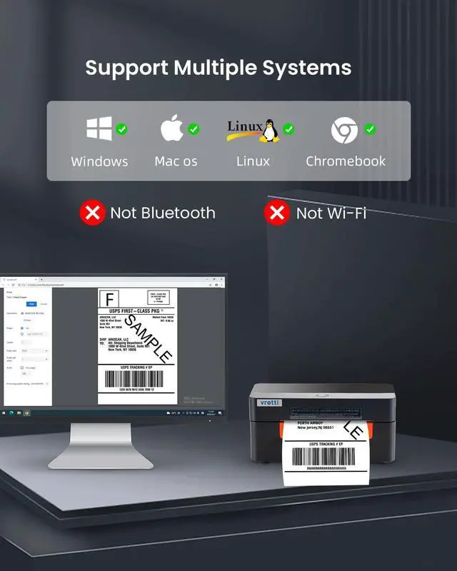Alt view image 3 of 5 - vretti Thermal Shipping Label Printer - 4x6 Desktop Barcode USB for Small Business & Packages - Compatible with Mac Windows Linux Chrome OS UPS USPS