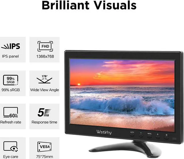 Alt view image 2 of 5 - Wstirhy 10.1 inch Small IPS HDMI Monitor, 1366x768 Resolution, Small Monitor with HDMI VGA Ports, Mini Monitor for Computer, Kitchen Monitor, Built-in Speaker