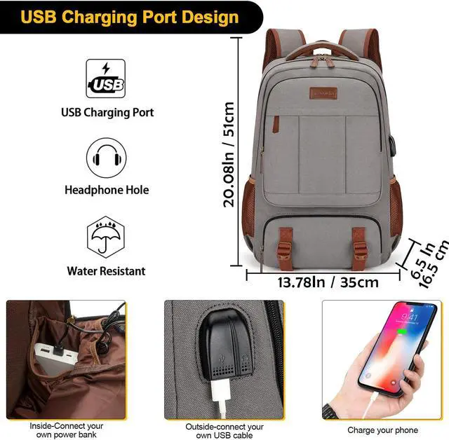 Alt view image 3 of 5 - Tzowla Canvas Laptop Backpack, Bag for Men Women,Travel Work Rucksack Fits 17.3 Inch Laptop, Bookbag with USB Charging Port