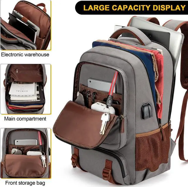 Alt view image 4 of 5 - Tzowla Canvas Laptop Backpack, Bag for Men Women,Travel Work Rucksack Fits 17.3 Inch Laptop, Bookbag with USB Charging Port
