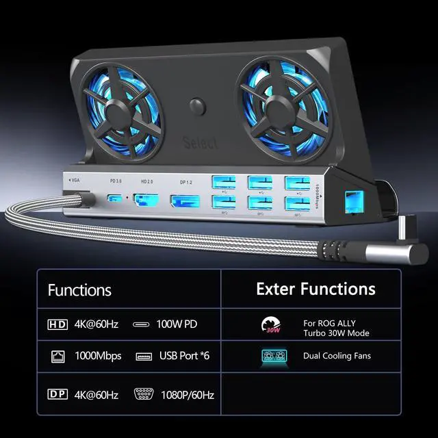 Alt view image 3 of 5 - 11-in-1 Steam Deck Docking Stationfor Steam Deck/Rog Ally/Switch/Legion Go Dual Cooling Fans 4K@60Hz,1080P 6 USB Ports,1000Mbps, 100W Type C Charing,DP1.2,40Gbps Adapter