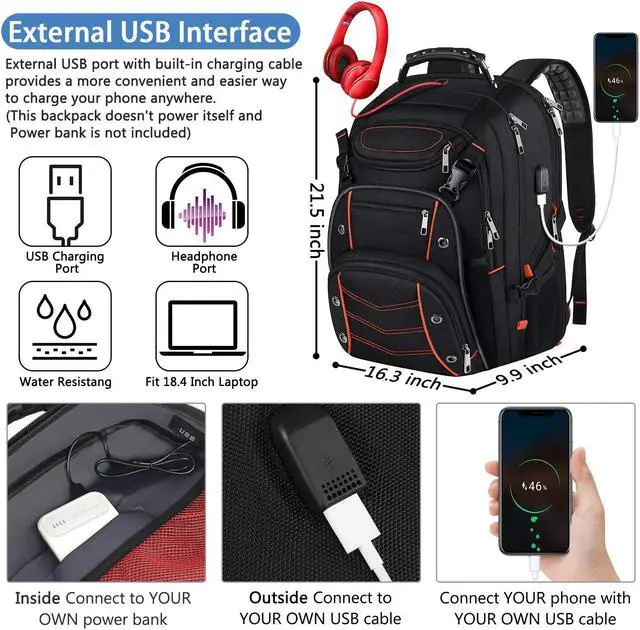 Alt view image 4 of 5 - VECKUSON 18.4 Laptop Backpack for Men, 55L Extra Large Gaming Laptops Backpack with USB Charger Port,TSA Friendly Flight Approved and RFID Anti-Theft Pocket