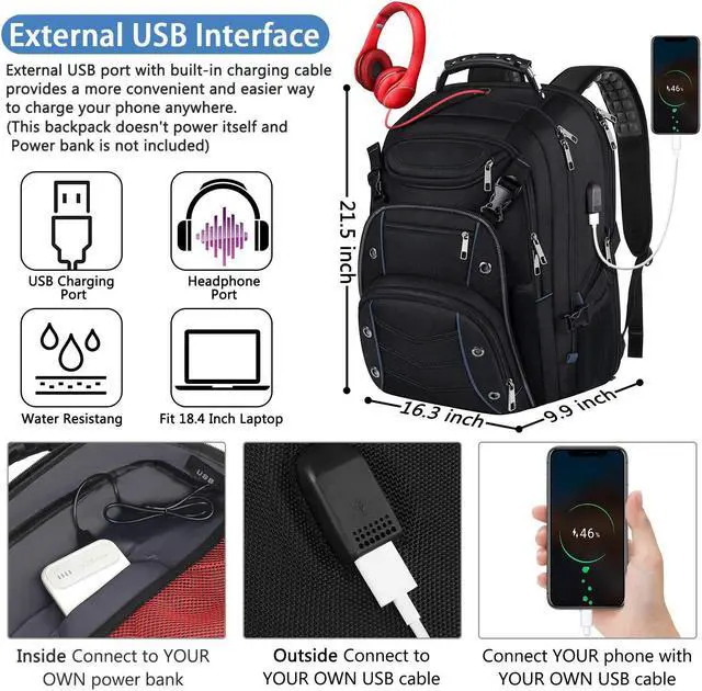 Alt view image 3 of 5 - 18.4 Laptop Backpack for unisex, 55L Extra Large Gaming Laptops Backpack with USB Charger Port,TSA Friendly Flight Approved and RFID Anti-Theft Pocket