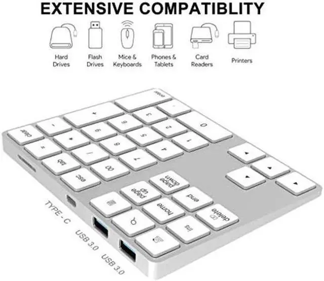 Alt view image 2 of 5 - Number Keyboard 34-Keys Numeric Keypad + USB Type-C Hub Bluetooth Numeric Keypad,Rechargeable Number Pad Slim External Numpad Keyboard Data Entry, for OS, Android(Silver)