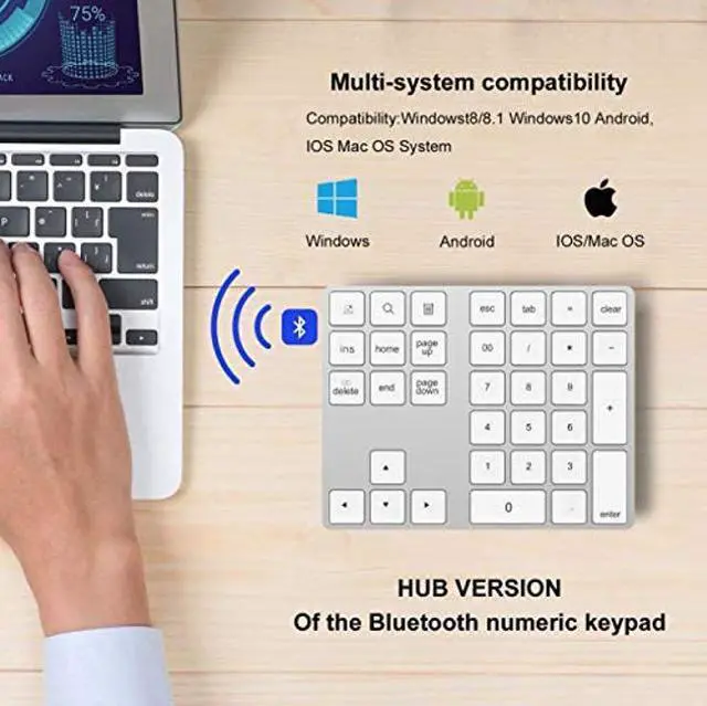 Alt view image 3 of 5 - Number Keyboard 34-Keys Numeric Keypad + USB Type-C Hub Bluetooth Numeric Keypad,Rechargeable Number Pad Slim External Numpad Keyboard Data Entry, for OS, Android(Silver)