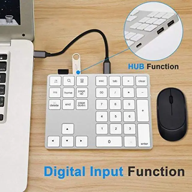 Alt view image 4 of 5 - Number Keyboard 34-Keys Numeric Keypad + USB Type-C Hub Bluetooth Numeric Keypad,Rechargeable Number Pad Slim External Numpad Keyboard Data Entry, for OS, Android(Silver)