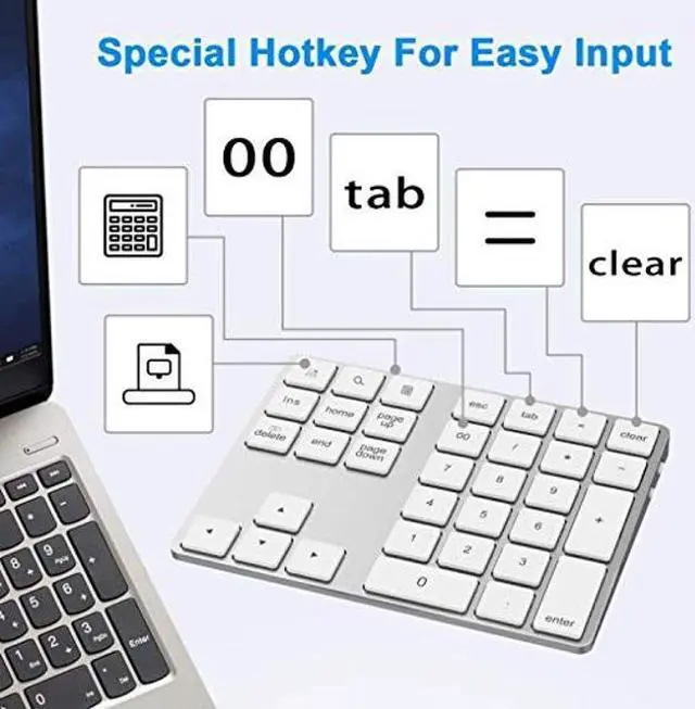 Alt view image 5 of 5 - Number Keyboard 34-Keys Numeric Keypad + USB Type-C Hub Bluetooth Numeric Keypad,Rechargeable Number Pad Slim External Numpad Keyboard Data Entry, for OS, Android(Silver)