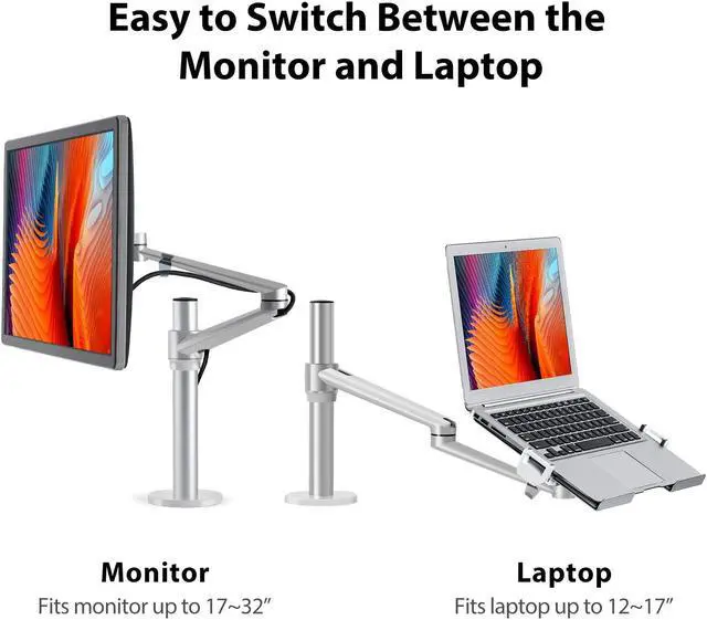 Alt view image 3 of 5 - Viozon Laptop/Notebook/Projector Mount Stand,Height Adjustable Single Arm Mount Support 12-17 inch Laptop/Notebook/Tablet, Free Removable VESA 75X75 and 100X100 for Monitor 17-32 inch (Silver)