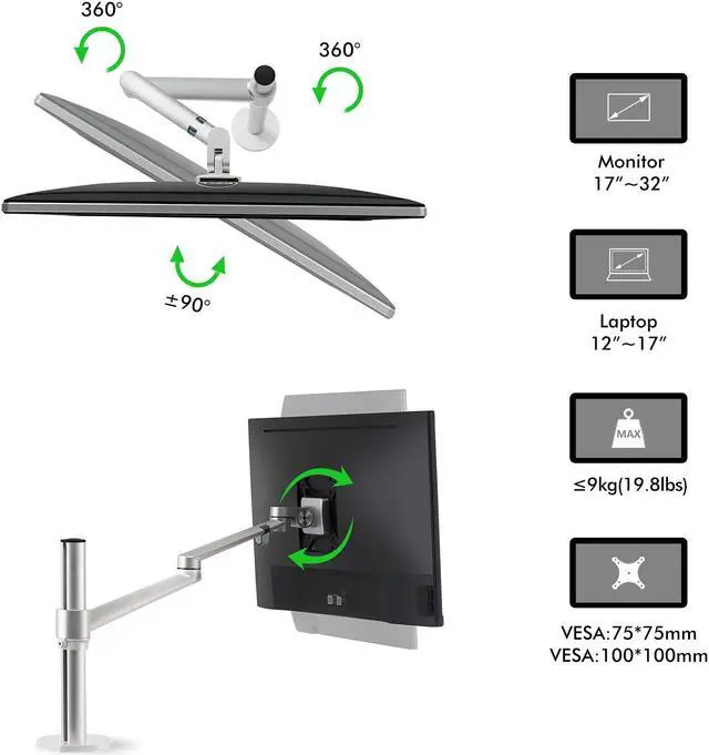 Alt view image 4 of 5 - Viozon Laptop/Notebook/Projector Mount Stand,Height Adjustable Single Arm Mount Support 12-17 inch Laptop/Notebook/Tablet, Free Removable VESA 75X75 and 100X100 for Monitor 17-32 inch (Silver)