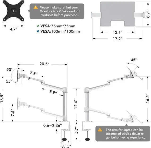 Alt view image 5 of 5 - Viozon Laptop/Notebook/Projector Mount Stand,Height Adjustable Single Arm Mount Support 12-17 inch Laptop/Notebook/Tablet, Free Removable VESA 75X75 and 100X100 for Monitor 17-32 inch (Silver)