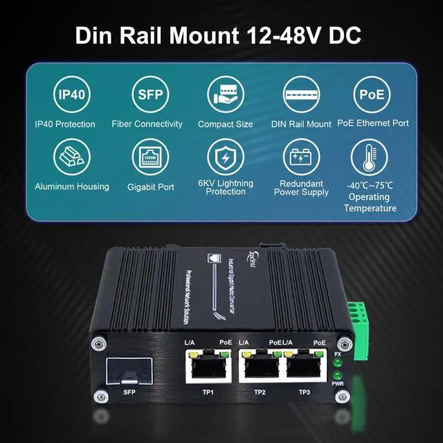 Alt view image 5 of 5 - Zhpuostd 3 Ports PoE Ethernet Switch Mini Industrial Gigabit 10/100/1000T RJ45 and 100/1000X SFP Din Rail Ethernet Switch 12~48VDC Supports IEEE802.3af/at PoE 30W Up to 90W (No Power Supply or Cord)