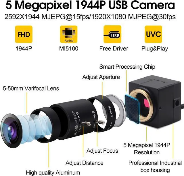 Alt view image 2 of 5 - 5mp USB Camera with Zoom 5-50mm Lens Webcam Variable Focus PC Camera Mini UVC USB2.0 USB with Camera for Computer Manual Zoom Close-up Camera Industrial Varifocal Web Camera for Raspberry Pi Laptop