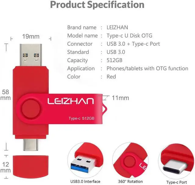 Alt view image 5 of 5 - leizhan 512GB USB-C Flash Drive, Type-C USB Drive 3.0 for Samsung Galaxy Note10, S10,Note 9, S9, Note 8,S8,Google Pixel, Red