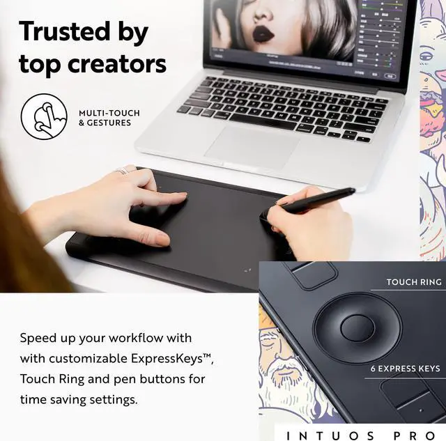 Alt view image 3 of 5 - Wacom Intuos Pro Bluetooth Drawing Tablet, Small 10.6" x 6.7" Compact Graphics Tablet with Pro Pen 2 & Touch Ring, Creative Multi-Touch Animation Illustration Tablet for Mac and Windows PC
