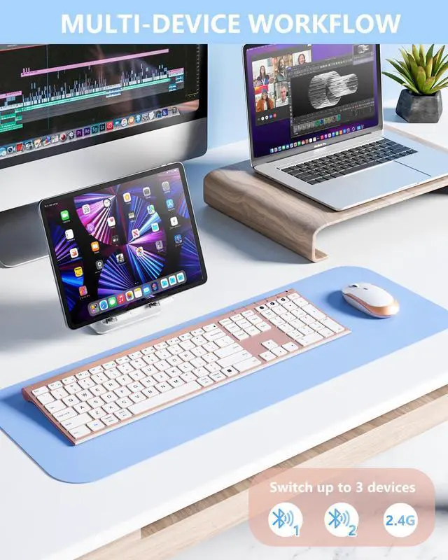 Alt view image 3 of 5 - Bluetooth Keyboard Mouse, Multi-Device Wireless Keyboard and Mouse Combo, Dual-Mode, Ultra Slim, Rechargeable, for Windows/Mac OS (Rose Gold)