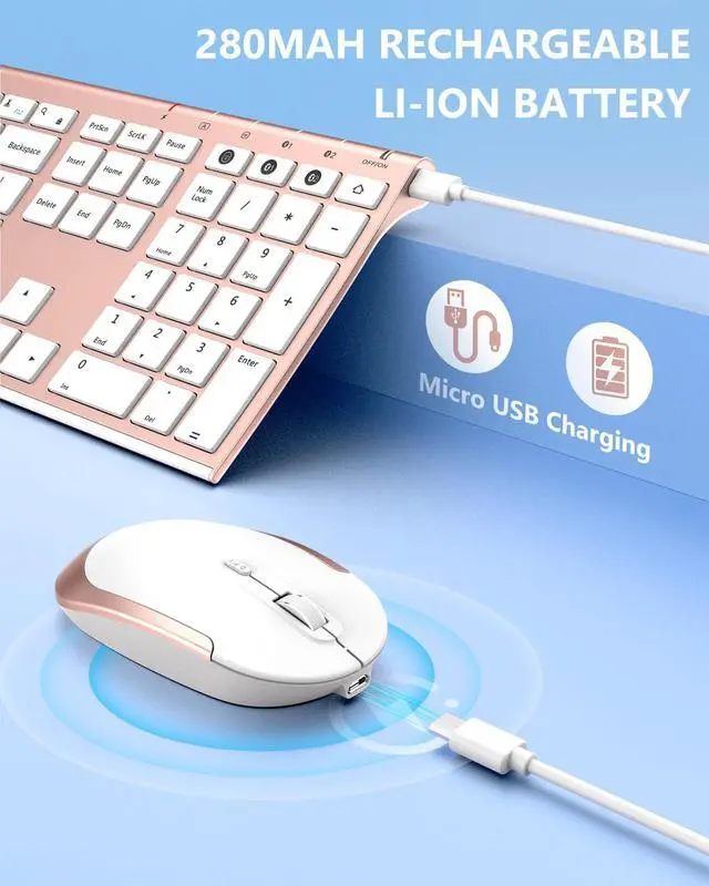 Alt view image 4 of 5 - Bluetooth Keyboard Mouse, Multi-Device Wireless Keyboard and Mouse Combo, Dual-Mode, Ultra Slim, Rechargeable, for Windows/Mac OS (Rose Gold)
