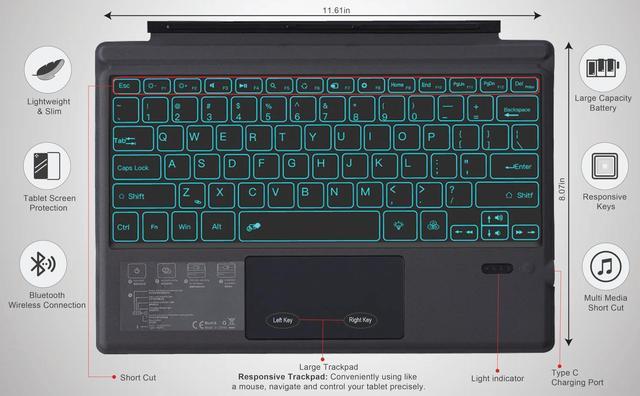 Alt view image 2 of 5 - Wireless Keyboard Type Cover Trackpad Mouse Replacement for Microsoft Surface Pro 7 Pro 6 Pro 5 Pro 4 Pro 3 Bluetooth 7-Color LED Backlit Ultra-Slim Rechargeable Battery Multi-Touch