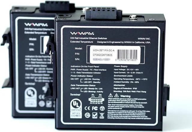 Alt view image 2 of 5 - WIWAV WDH-2ET1FX-DC 10/100Mbps 3-Port Industrial Ethernet Media Converter with DIN Rail/Multi-Mount(UL Listed,Pack of 2,Fanless,-30~75)