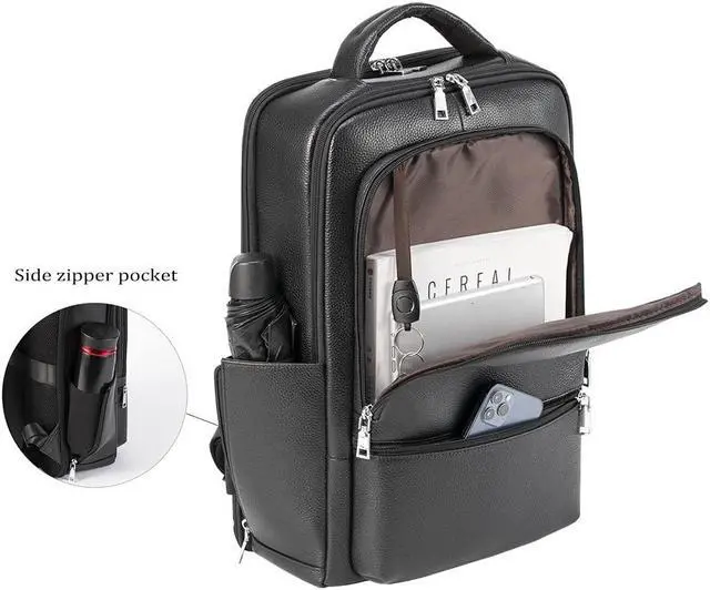 Alt view image 3 of 5 - Womleys 15.6 Inch Genuine Leather Laptop Backpack for Men Women, Business Travel Backpack Hiking Rucksack Daypack (4#Black)