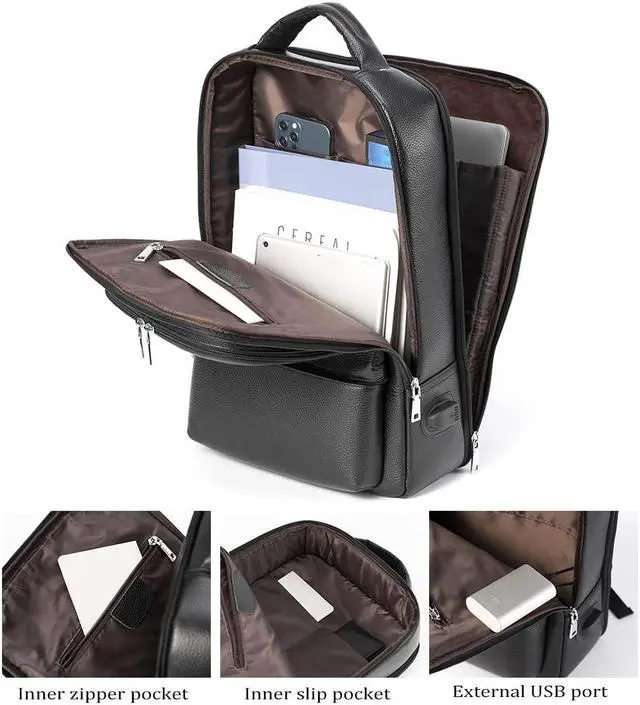 Alt view image 4 of 5 - Womleys 15.6 Inch Genuine Leather Laptop Backpack for Men Women, Business Travel Backpack Hiking Rucksack Daypack (4#Black)