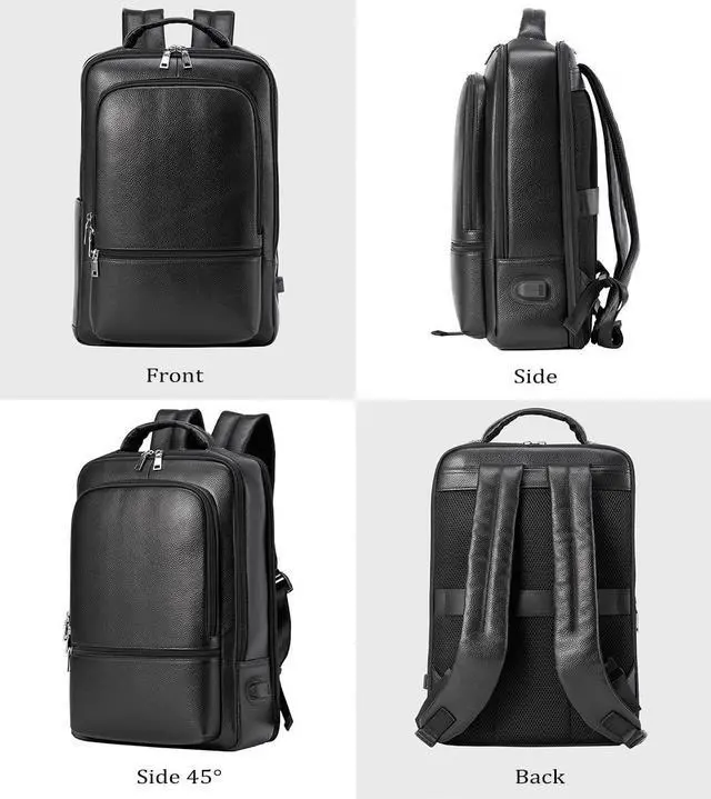 Alt view image 5 of 5 - Womleys 15.6 Inch Genuine Leather Laptop Backpack for Men Women, Business Travel Backpack Hiking Rucksack Daypack (4#Black)