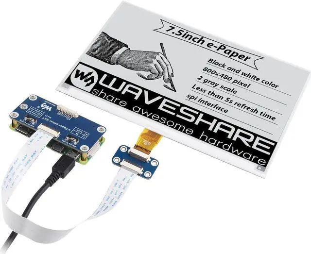 Alt view image 2 of 5 - Waveshare 7.5inch e-Paper HAT for Raspberry Pi 5 4B Pi 3B+ Pi3B Pi Zero W Zero 2W/Jetson Nano/withArduino,7.5inch E-Ink Display HAT 800 x 480 SPI Interface Black and White Display Color 3.3V/5V