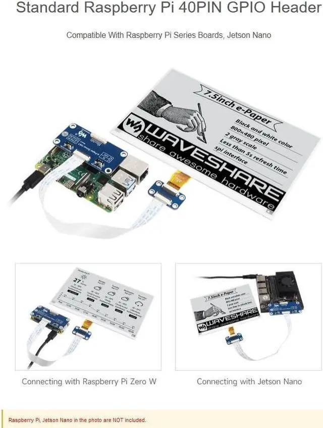 Alt view image 4 of 5 - Waveshare 7.5inch e-Paper HAT for Raspberry Pi 5 4B Pi 3B+ Pi3B Pi Zero W Zero 2W/Jetson Nano/withArduino,7.5inch E-Ink Display HAT 800 x 480 SPI Interface Black and White Display Color 3.3V/5V