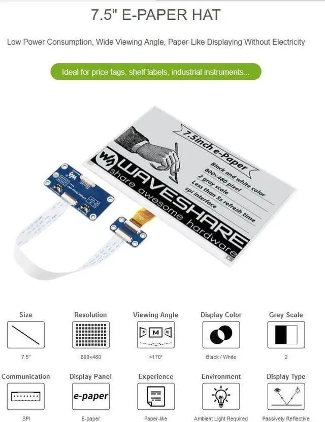 Alt view image 3 of 5 - Waveshare 7.5inch e-Paper HAT for Raspberry Pi 5 4B Pi 3B+ Pi3B Pi Zero W Zero 2W/Jetson Nano/withArduino,7.5inch E-Ink Display HAT 800 x 480 SPI Interface Black and White Display Color 3.3V/5V