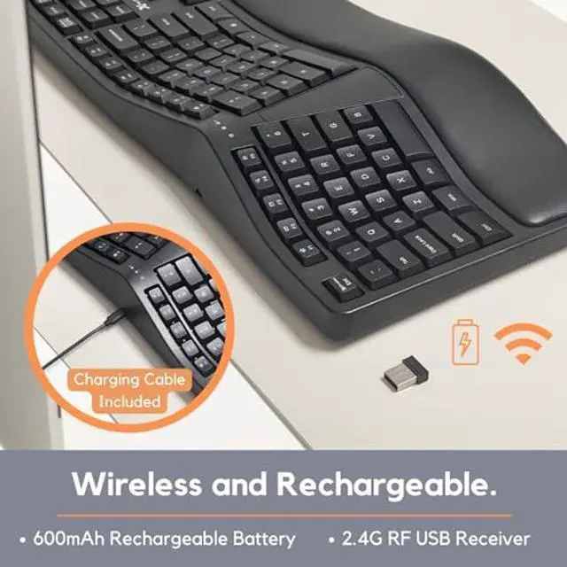 Alt view image 3 of 5 - X9 Wireless Ergonomic Keyboard with Wrist Rest - Type Naturally and Comfortably Longer - Full Size Rechargeable 2.4G Ergonomic Keyboard Wireless - 110 Key Split Ergo Computer Keyboard for PC | Chrome