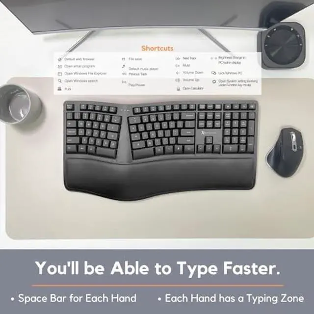 Alt view image 5 of 5 - X9 Wireless Ergonomic Keyboard with Wrist Rest - Type Naturally and Comfortably Longer - Full Size Rechargeable 2.4G Ergonomic Keyboard Wireless - 110 Key Split Ergo Computer Keyboard for PC | Chrome