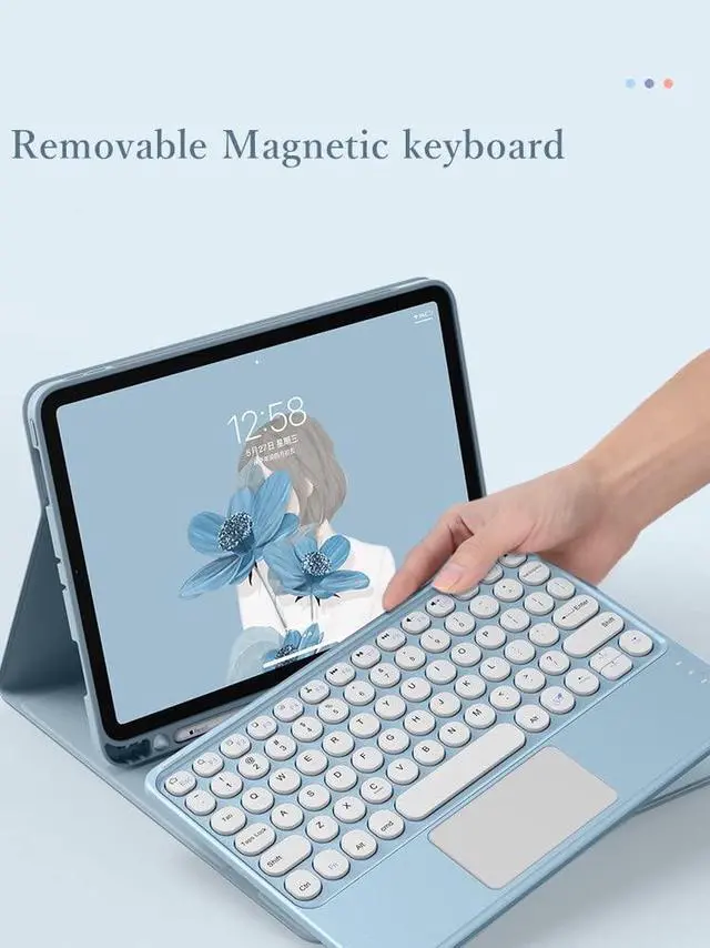 Alt view image 3 of 5 - YEEHi Keyboard Case for iPad Air 13 inch M2, iPad Pro 12.9 6th Generation Touchpad Case with Mouse Retro Round Key Detachable Cute Color Keyboard, Blue