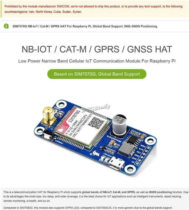 Alt view image 2 of 5 - NB-IoT Cat-M GPRS GNSS 2G HAT Based on SIM7070G for Raspberry Pi 4 3 Zero WH Support Global Band with GNSS Positioning Low Power Narrow Band Cellular Wireless Communication LTE GPRS Module @XYGStudy