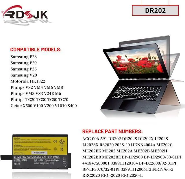 Alt view image 3 of 5 - DR202 ACC-006-591 Laptop Battery for Getac X500 V100 V200 V1010 S400 Series DR202S DR202X LI202S LI202SX RS2020 ME202C ME202EK ME202 ME202A ME202B ME202H BP-LP2900 338911120104 441847500001 HKNN4004A