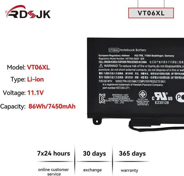 Alt view image 2 of 5 - VT06XL VT06 Laptop Battery for HP Envy 17-3000 17-3070 17-3200 17t-3000 17t-3200 TPN-I103 HSTNN-IB3F HSTNN-DB3F 657240-151 657240-171 657240-251 657240-271 657503-001 996TA008H VT06086XL 11.1V 86Wh