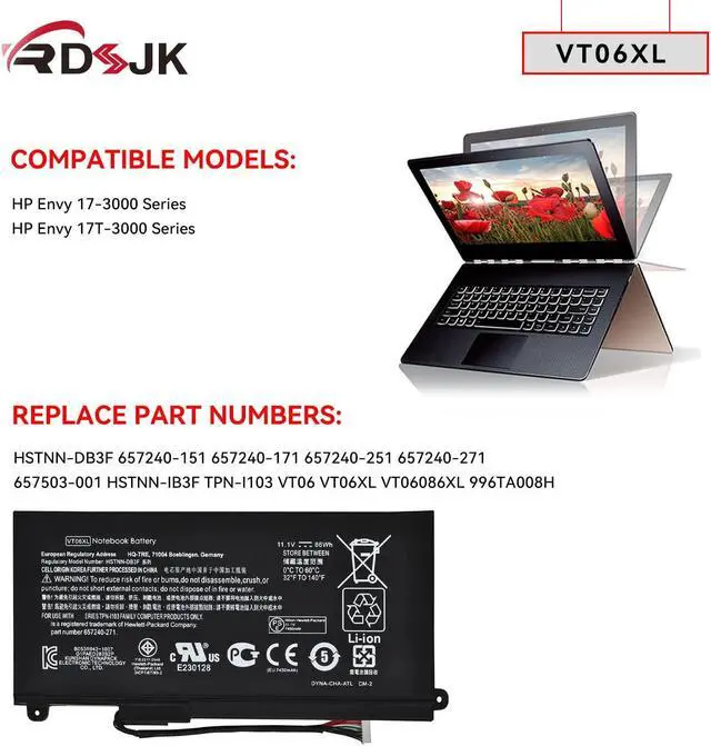 Alt view image 3 of 5 - VT06XL VT06 Laptop Battery for HP Envy 17-3000 17-3070 17-3200 17t-3000 17t-3200 TPN-I103 HSTNN-IB3F HSTNN-DB3F 657240-151 657240-171 657240-251 657240-271 657503-001 996TA008H VT06086XL 11.1V 86Wh