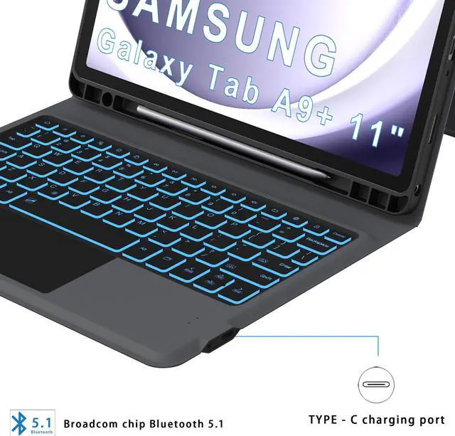 Alt view image 4 of 5 - Folio Touch Keyboard Case for Samsung Galaxy Tab A9+ 11 inch - Slim Wireless Smart Touch Trackpad Keyboard Folio Tablet Cover - Backlit Keyboard with Kickstand for Tab A9 Plus 11" 2023 Black