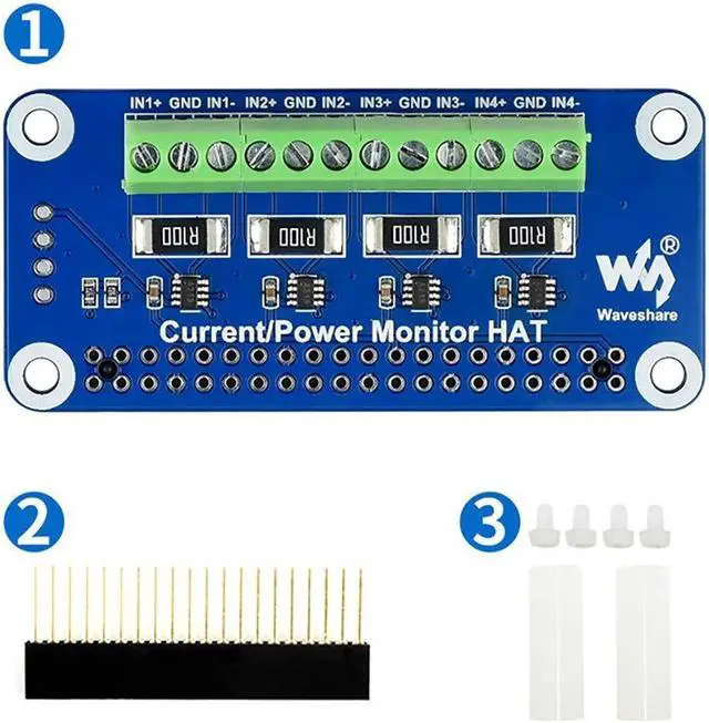 Alt view image 2 of 5 - Waveshare 4-ch Current/Voltage/Power Monitor HAT for Raspberry Pi, I2C/SMBus Interface, Easy to Monitor Each Channel's Current, Voltage, and Power Consumption