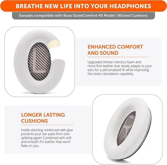 Alt view image 4 of 5 - WC PadZ QC45 - Earpads for Bose QuietComfort 45 / QuietComfort Se/QuietComfort Wireless, Made by Wicked Cushions | Extra Thick Cushion | Premium Durable Stitching | White Smoke