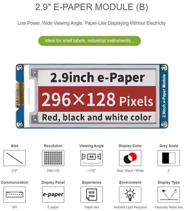 Alt view image 2 of 5 - waveshare 2.9inch E-Paper E-Ink Display Module Compatible with Raspberry Pi 4B/3B+/3B/2B/B+/A+/Zero/Zero W/WH/Zero 2W Series Boards 296x128 Pixels Red/Black/White Three-Color SPI Interface