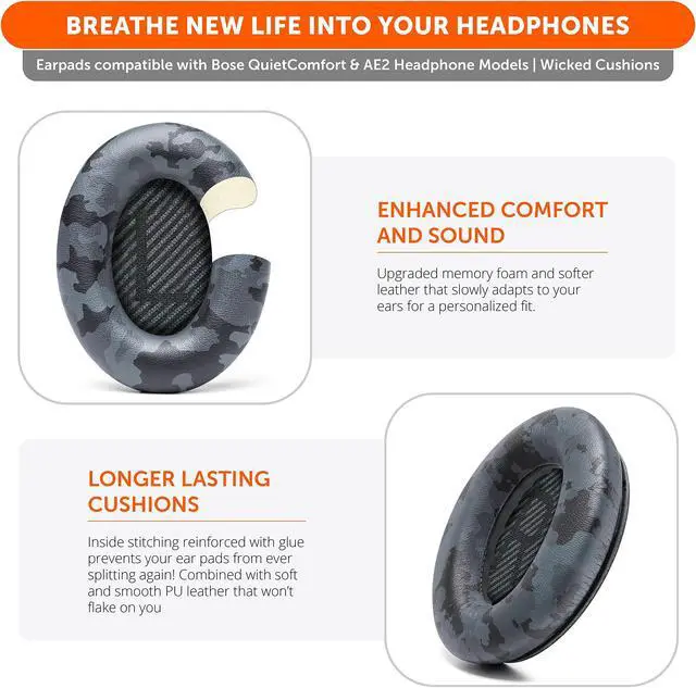 Alt view image 4 of 5 - WC Wicked Cushions Upgraded Replacement Ear Pads for Bose QC35 & QC35ii (QuietComfort 35) Headphones & More - Softer Leather, Luxurious Memory Foam, Added Thickness, Extra Durability | Black Camo