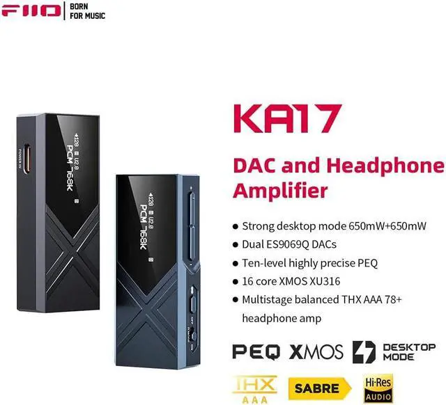 Alt view image 2 of 5 - FiiO KA17 Portable USB DAC Audio HiFi Decoder, Dual ES9069Q PCM768 DSD512 3.5/4.4mm Output for Android iOS Mac Win10 (Blue)