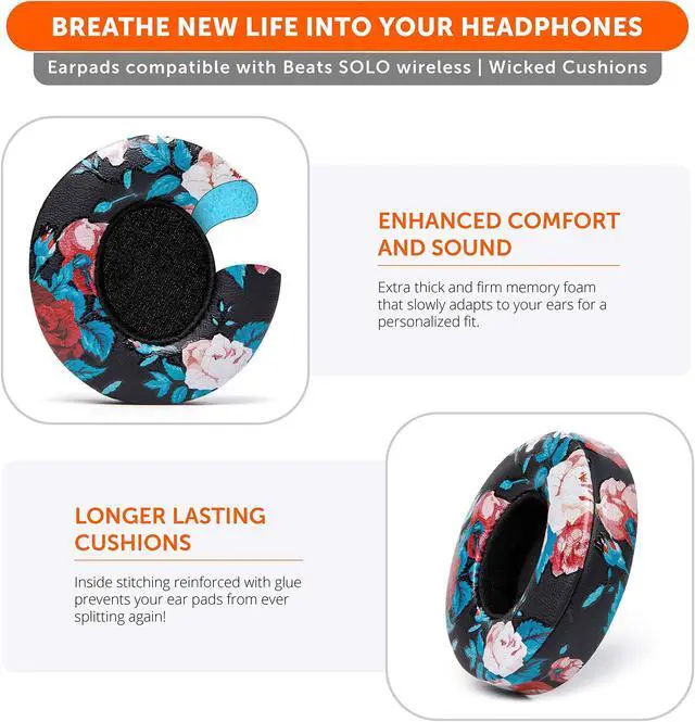 Alt view image 4 of 5 - WC Extra Thick Replacement Earpads for Beats Solo 2 & 3 by Wicked Cushions - Ear Pads for Beats Solo 2 & 3 Wireless ON-Ear Headphones - Soft Leather, Luxury Memory Foam, Strong Adhesive | Floral Black
