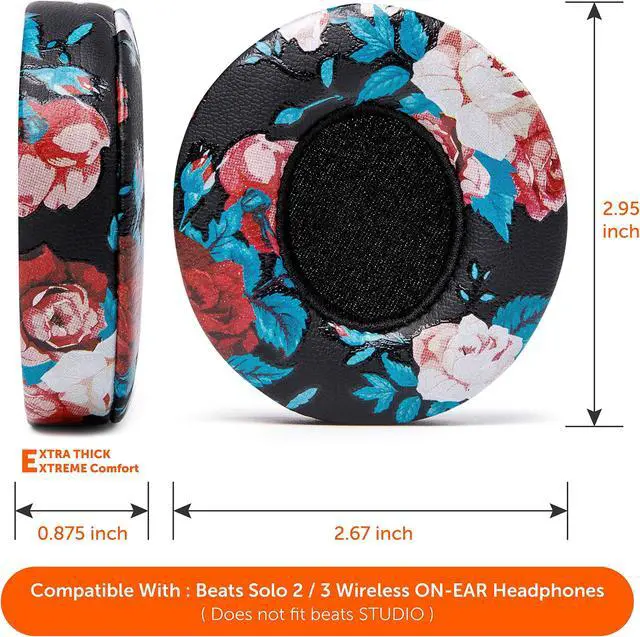 Alt view image 5 of 5 - WC Extra Thick Replacement Earpads for Beats Solo 2 & 3 by Wicked Cushions - Ear Pads for Beats Solo 2 & 3 Wireless ON-Ear Headphones - Soft Leather, Luxury Memory Foam, Strong Adhesive | Floral Black
